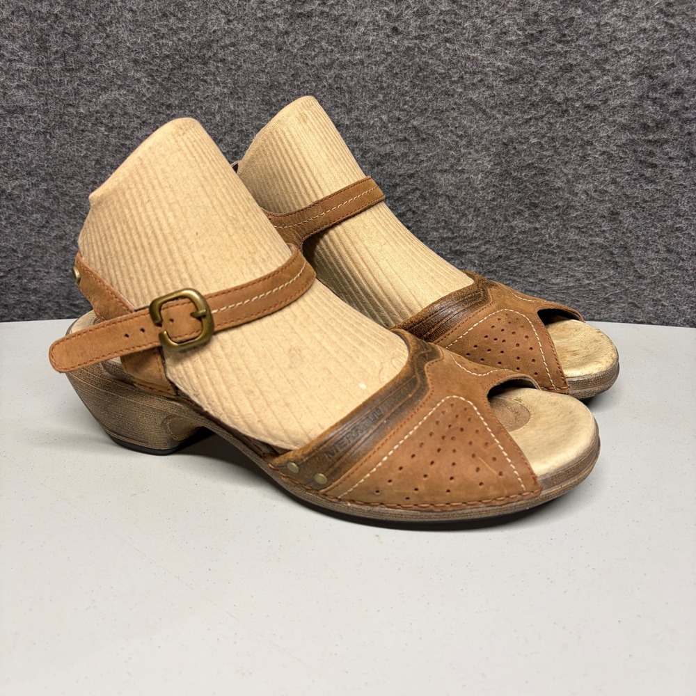 Merrell Luxe Strap Bagpipe Brown Leather Peep Toe Buckle Sandals Womens 8‎